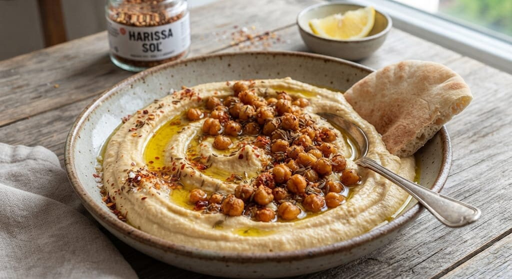 Domáca krémová hummusová nátierka s harissa solou a pečeným cícerom