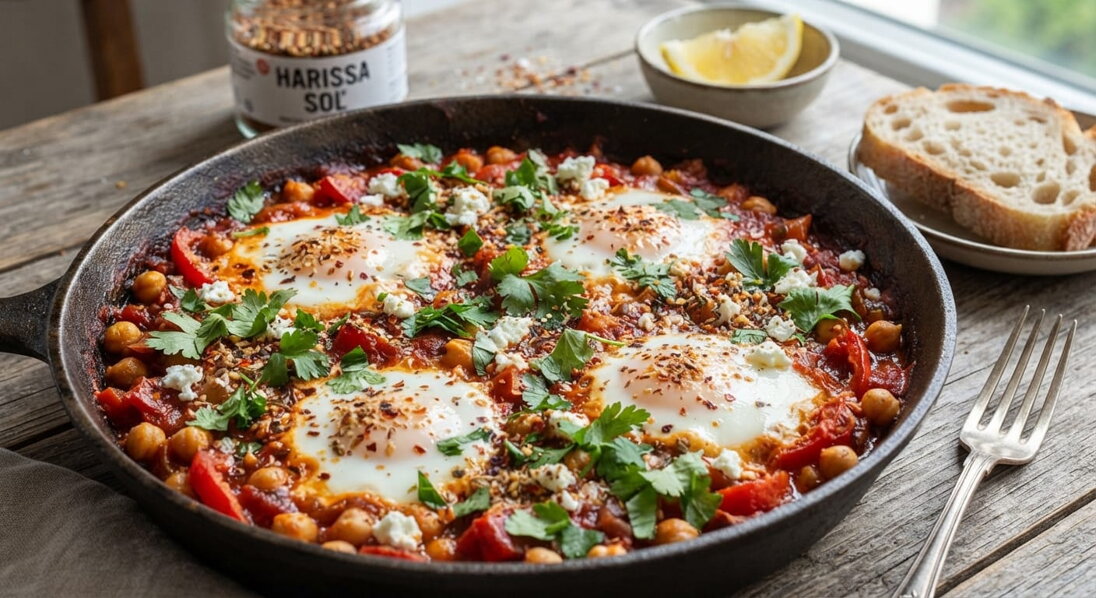 Pikantná vegetariánska shakshuka s harissa solou a cícerom