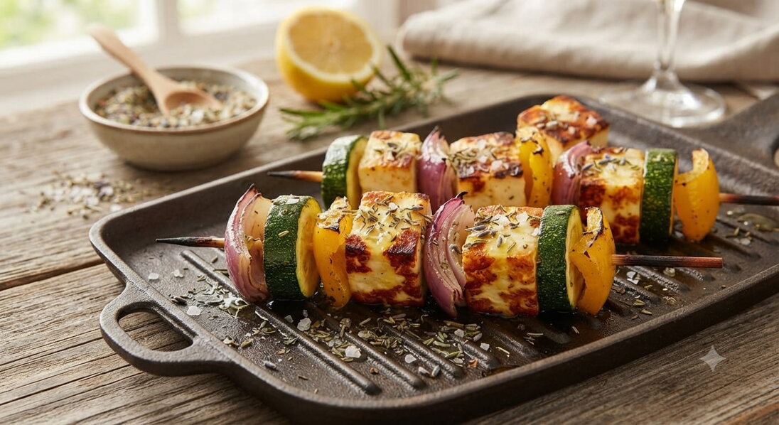 Marinovaný grilovaný syr Halloumi s provensálskou soľou a cuketovými špízmi