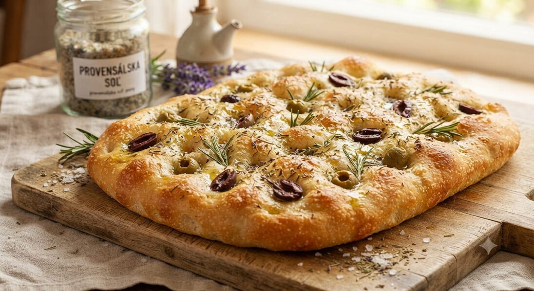 Domáca focaccia s provensálskou soľou a olivami