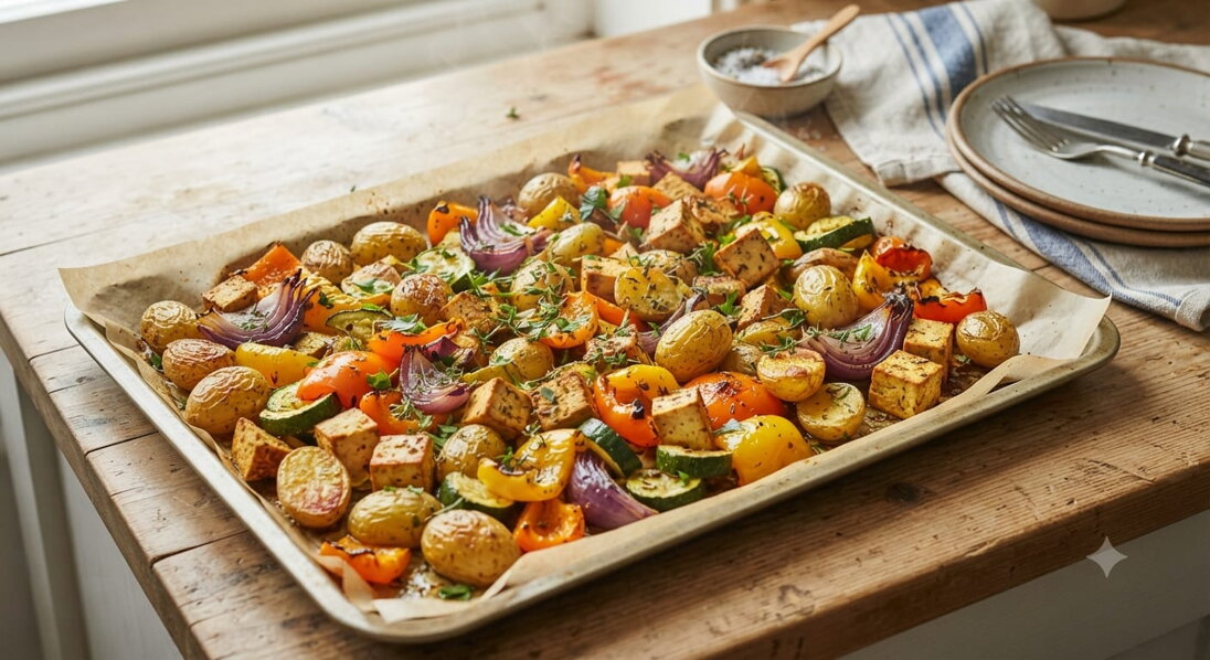 Pečené baby zemiaky a farebná zelenina s tofu v provensálskej kruste