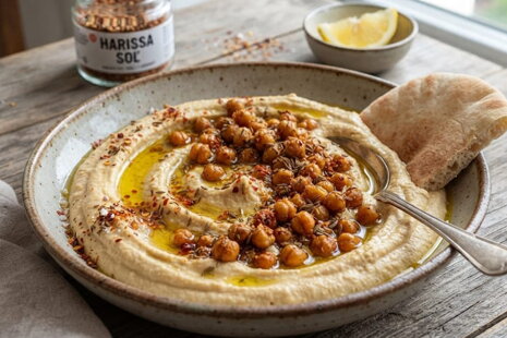 Domáca krémová hummusová nátierka s harissa solou a pečeným cícerom