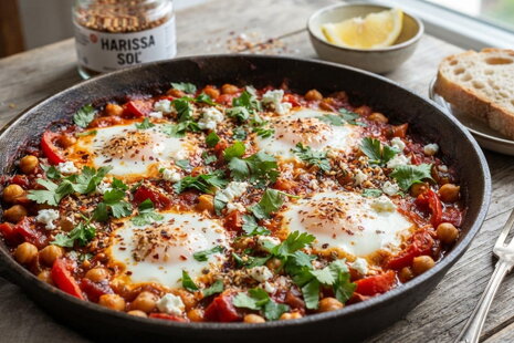 Pikantná vegetariánska shakshuka s harissa solou a cícerom
