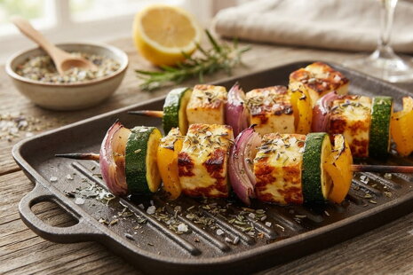 Marinovaný grilovaný syr Halloumi s provensálskou soľou a cuketovými špízmi