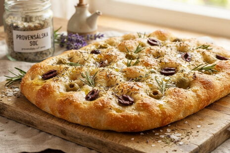 Domáca focaccia s provensálskou soľou a olivami